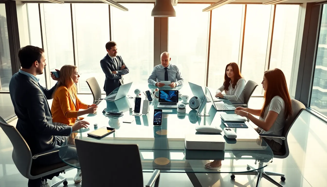 diverse team discussing consumer electronics marketing in a modern office.
