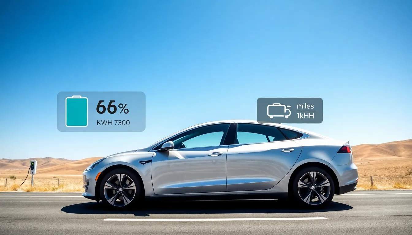 modern electric vehicle with battery and efficiency metrics displayed beside it.