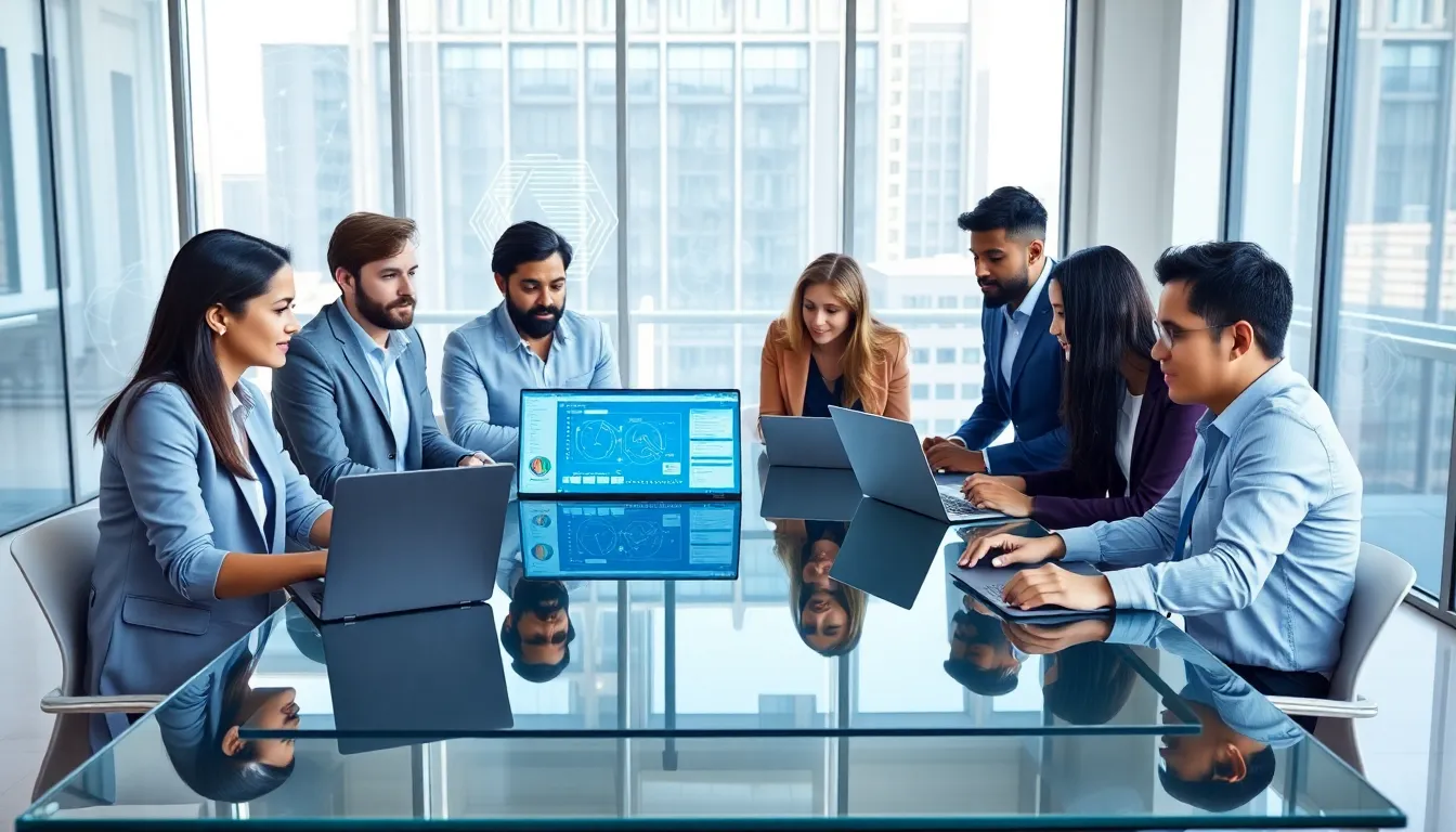 diverse cybersecurity team collaborating in a modern office.
